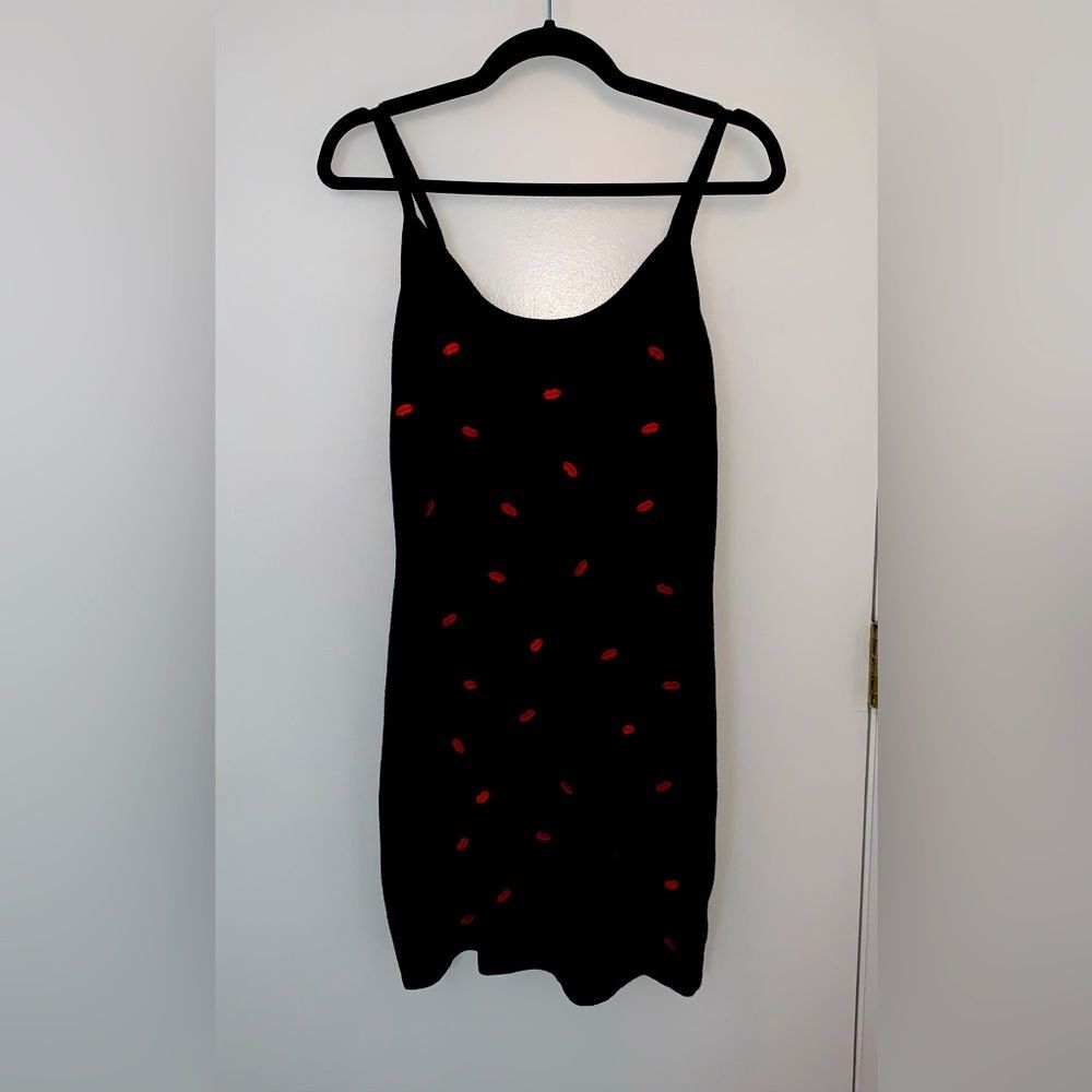 Vintage Black Mini Slip Dress Embroidered Red Lips size large